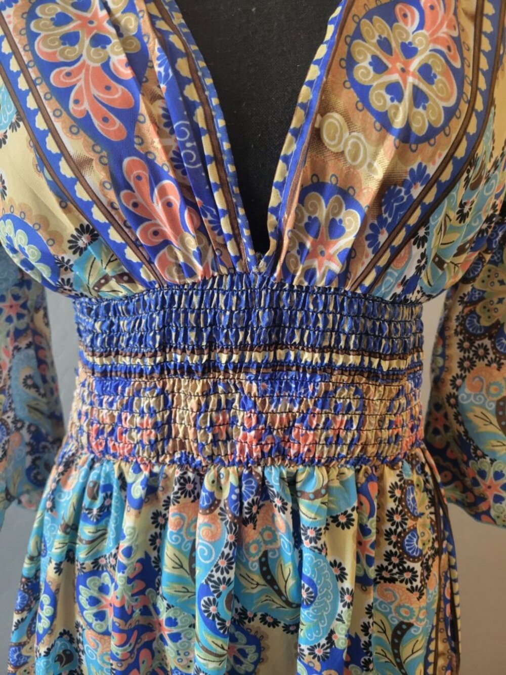 Mauni bohemian-Style dress vibrant blue paisley print smocked waist High Low - Picture 3 of 12